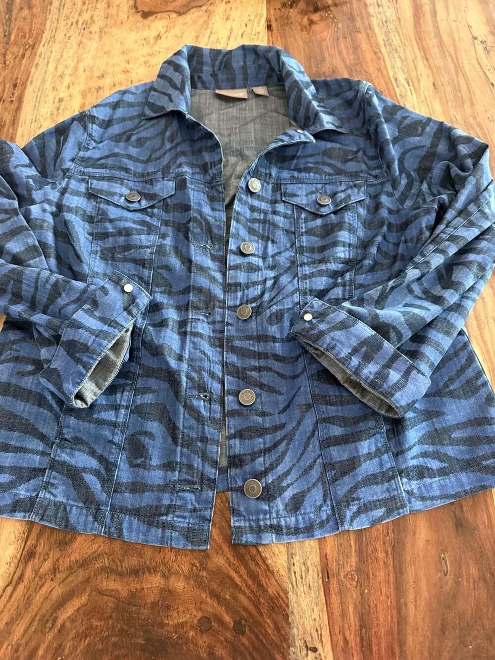 Chico's Denim Jacket Size 1 Blue Zebra Print Cotton Lyocell